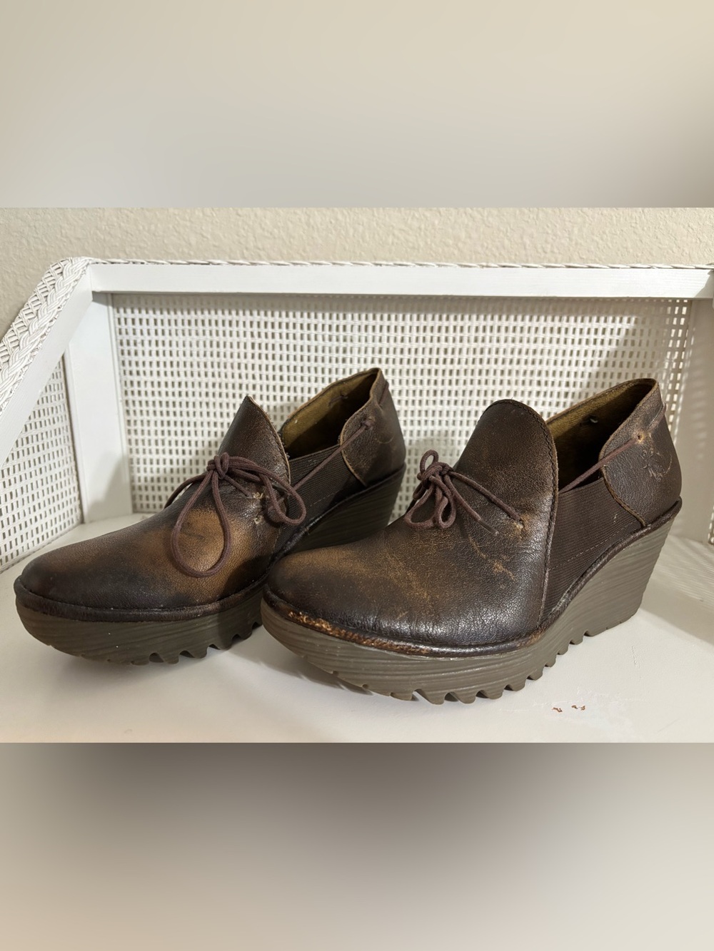 Women’s Fly London Brown Distressed Leather Wedge Slip-On Shoes